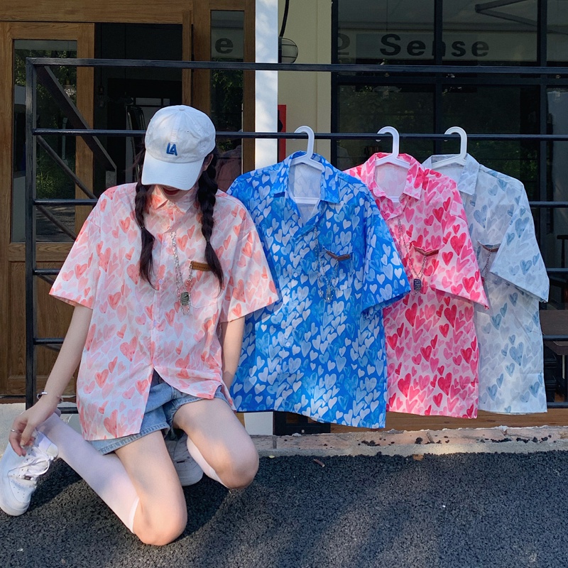 SUXI Áo sơ mi tay ngắn dáng rộng in thời trang mùa hè phong cách Hàn Quốc cho nữ