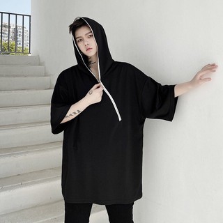 Áo thun tay lỡ có khóa kéo vòng nón chất thun cotton