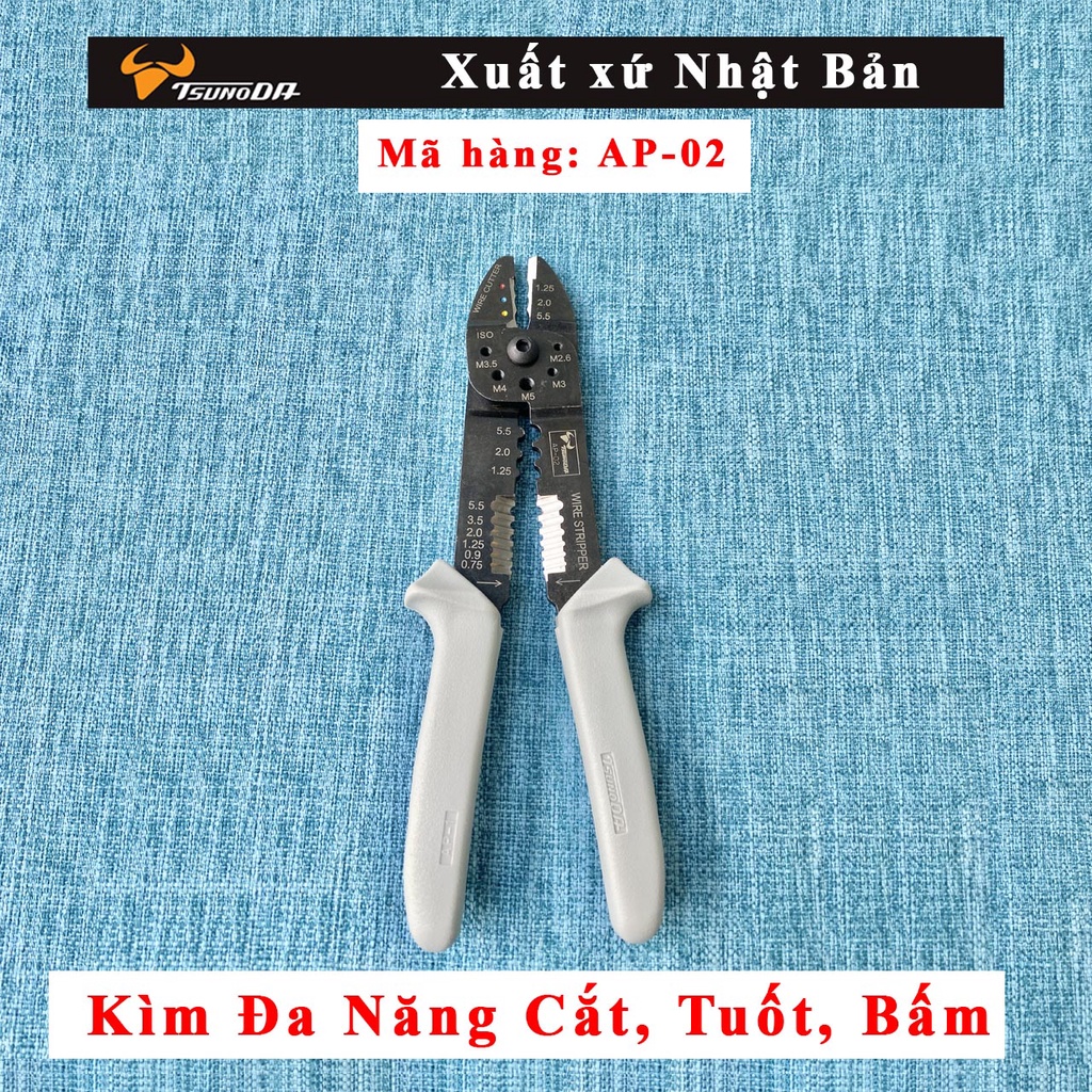 Kìm đa năng AP-02 hãng Tsunoda Nhật bản - Cắt - Tuốt - Bấm đầu cos dây điện tiện lợi