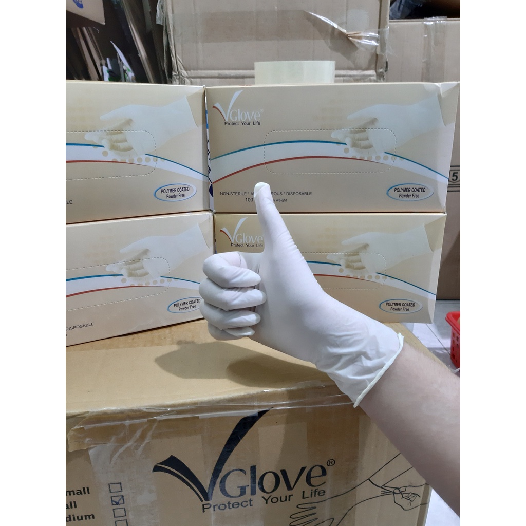 1 thùng 10 hộp Găng tay y tế không bột Vglove Khải Hoàn phủ Polymer 5.4g 24cm - 100 cái/hộp - hộp/50 đôi , XS,S,M,L