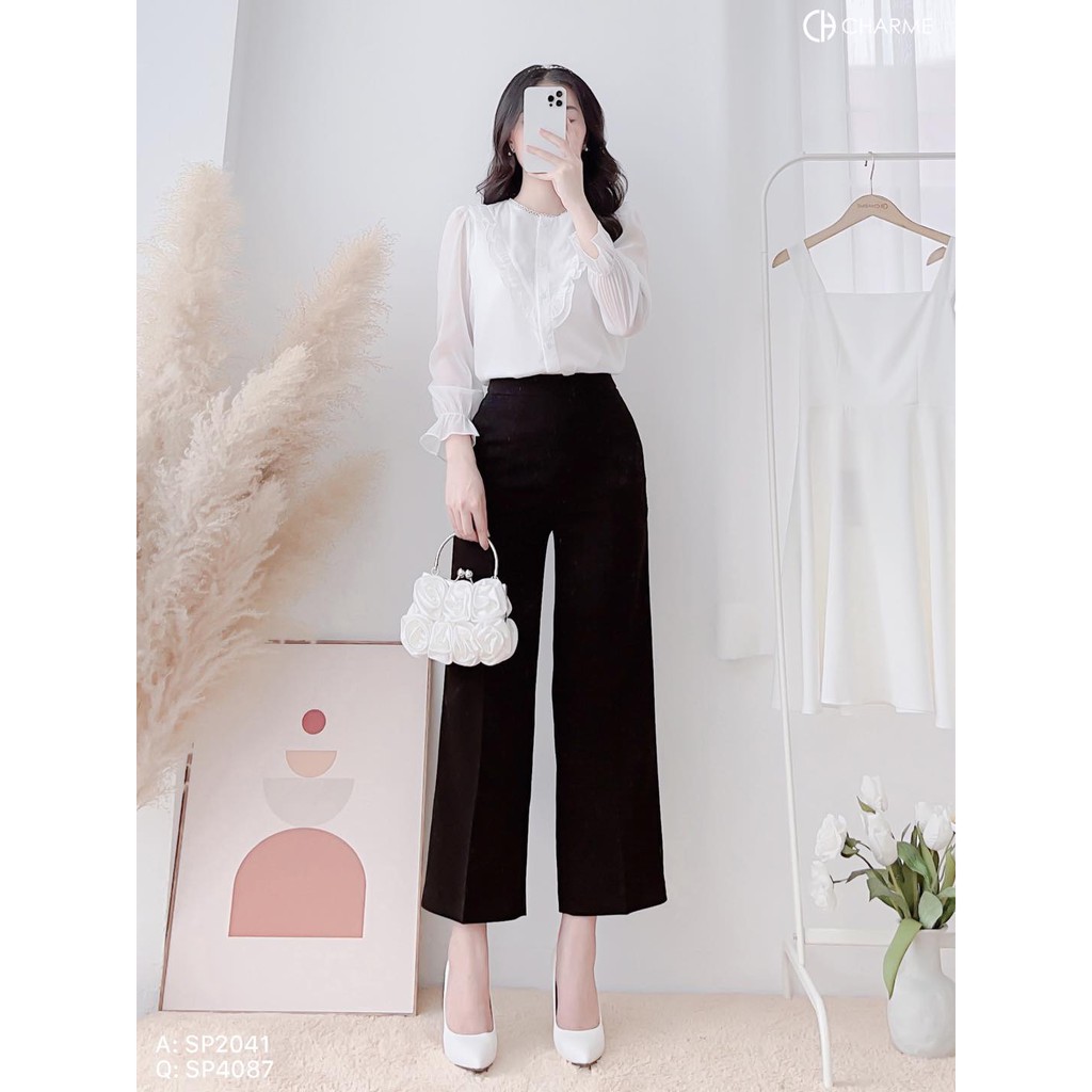 Quần công sở Charme quần suông ống rộng - đen túi chéo 4087