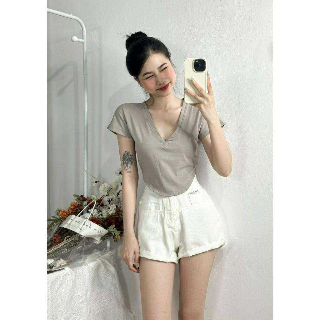 Áo croptop nữ tay ngắn vạt bầu cổ tim chất thun cotton 2 chiều mềm mịn mát - A0166