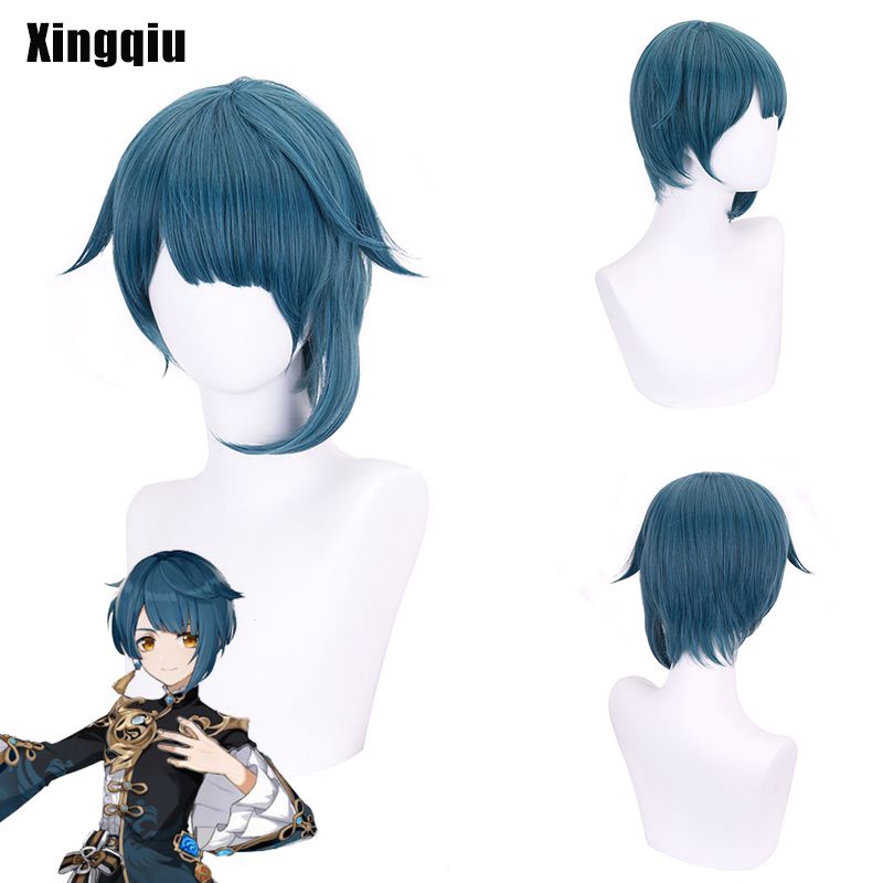 Genshin Impact XINGQIU Dark Blue Short Wig Cosplay Costume Heat Resistant Synthetic Hair Xing Qiu Wigs kid gift
