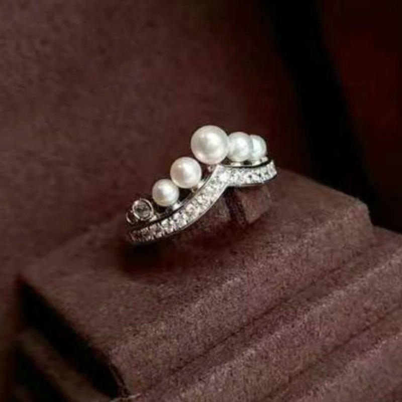 Nhẫn kim cương vương miện ngọc trai nữ thời trang hàn quốc