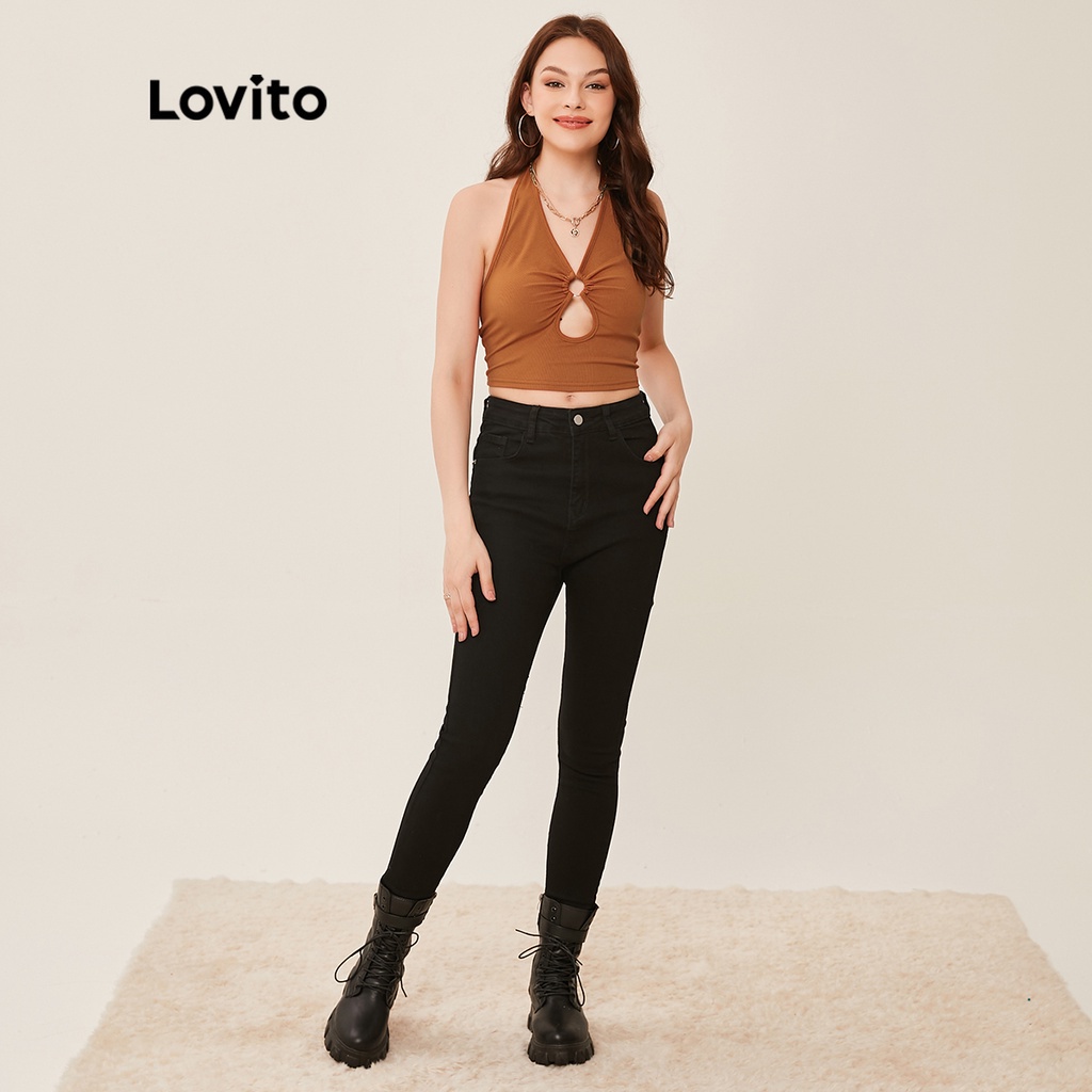Lovito Áo Tank Top Trơn Cổ Yếm L20D361