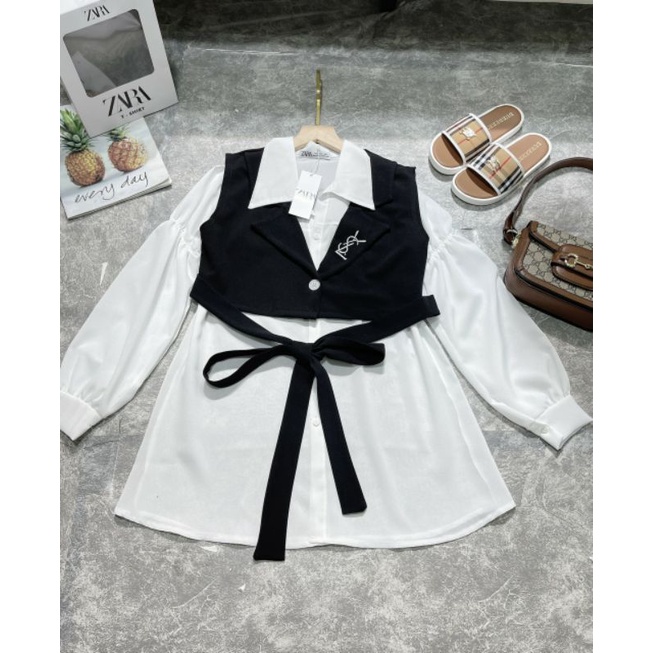 Set áo sơ mi trắng thụng phối áo gile đen dáng ngắn chữ cực xinh_Set 2 món đẹp.