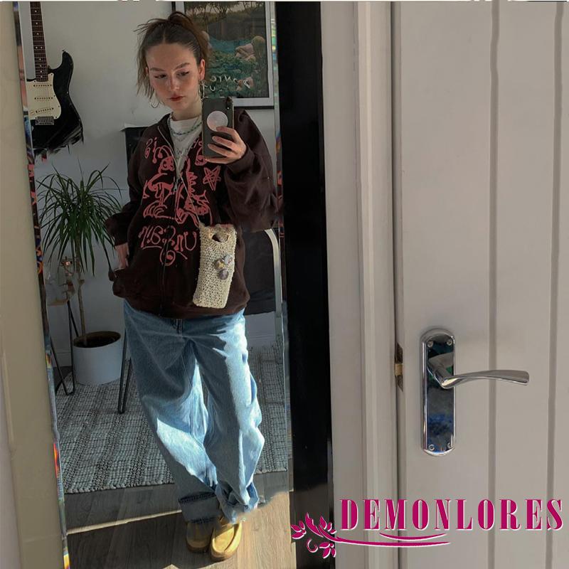 Áo khoác hoodie tay dài in họa tiết graffiti phối khóa kéo sành điệu cho nữ