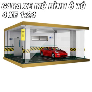 Mô hình gara 4 xe ô tô 1:24 đồ chơi trẻ em - gara bằng gỗ có đèn chiếu sáng