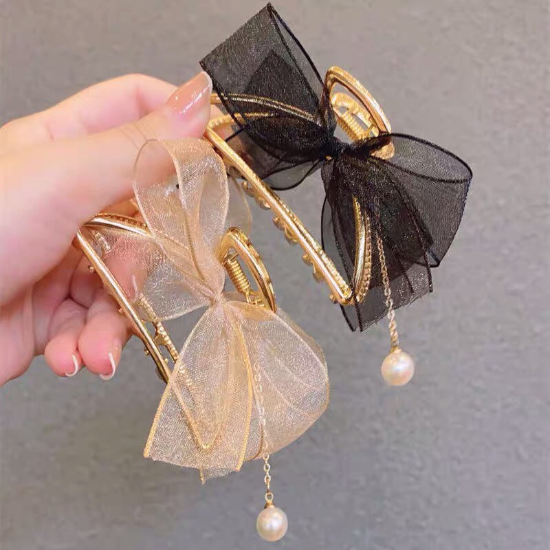 Kẹp tóc càng cua Hàn Quốc hình nơ phối hạt trai Cặp búi tóc tiểu thư nhiều màu xinh xắn sang trọng cho nữ Miituu KDN