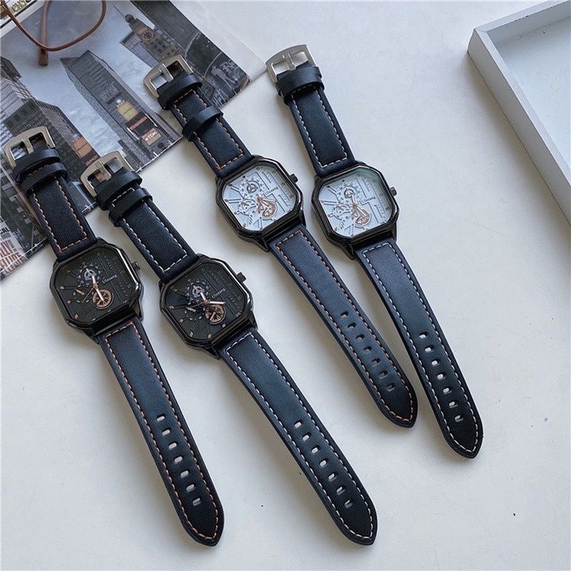 ULZZANG Đồng Hồ Cơ Khí Mặt Vuông Hợp Kim Dây Đeo Mềm Bền Bỉ Thời Trang Cho Cặp Đôi 3 Số