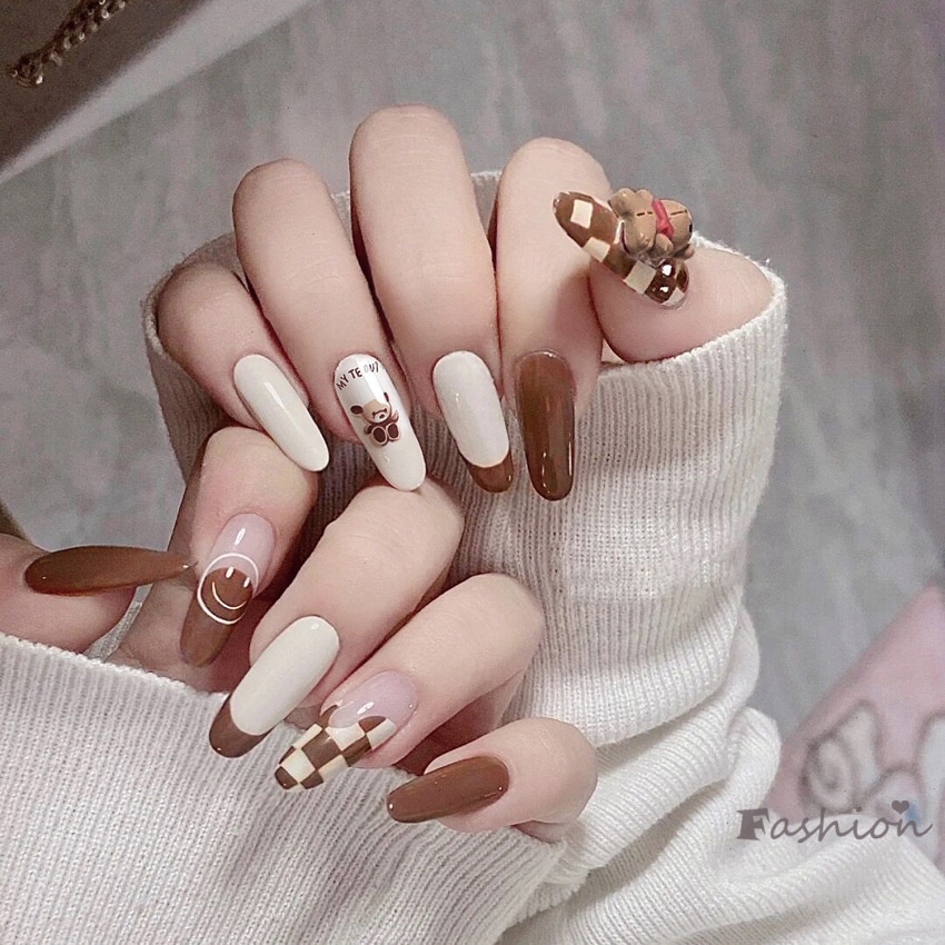 Bộ 24 Móng Tay Giả Dạng Nhấn Dài Toàn Diện Màu Nâu Kèm 24 Móng Tay Giả Cho Nữ