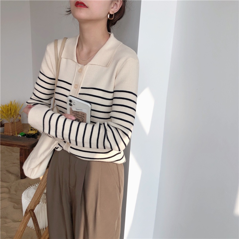 Áo sweater nữ cổ polo dáng ôm họa tiết kẻ sọc dễ phối đồ phong cách Hàn Quốc thời trang