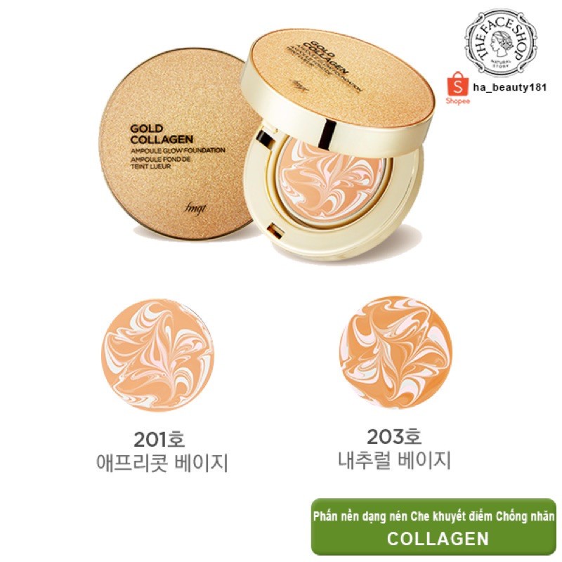 Phấn nền trang điểm dạng nén chống nắng The Face Shop fmgt Gold Collagen Ampoule Glow Foundation 10g SPF50+PA+++