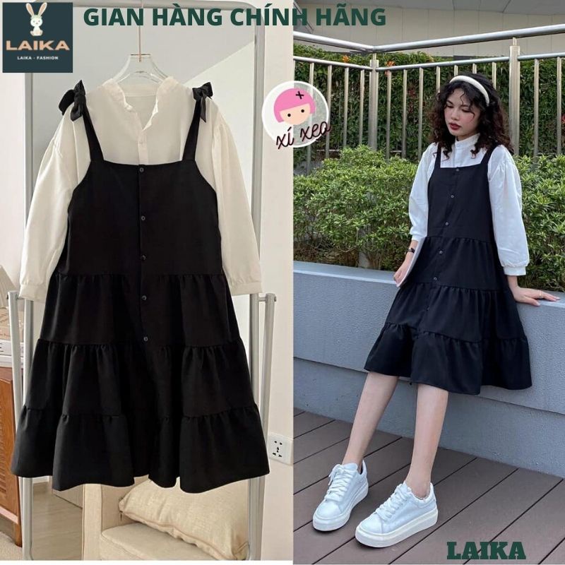 Set Áo Tay Bồng Kèm Váy 2 Dây Babydoll Phối Trắng Viền Thắt Nơ Cách Điệu, Set Váy Yếm 2 Dây Basic ULAZZANG - LAIKA