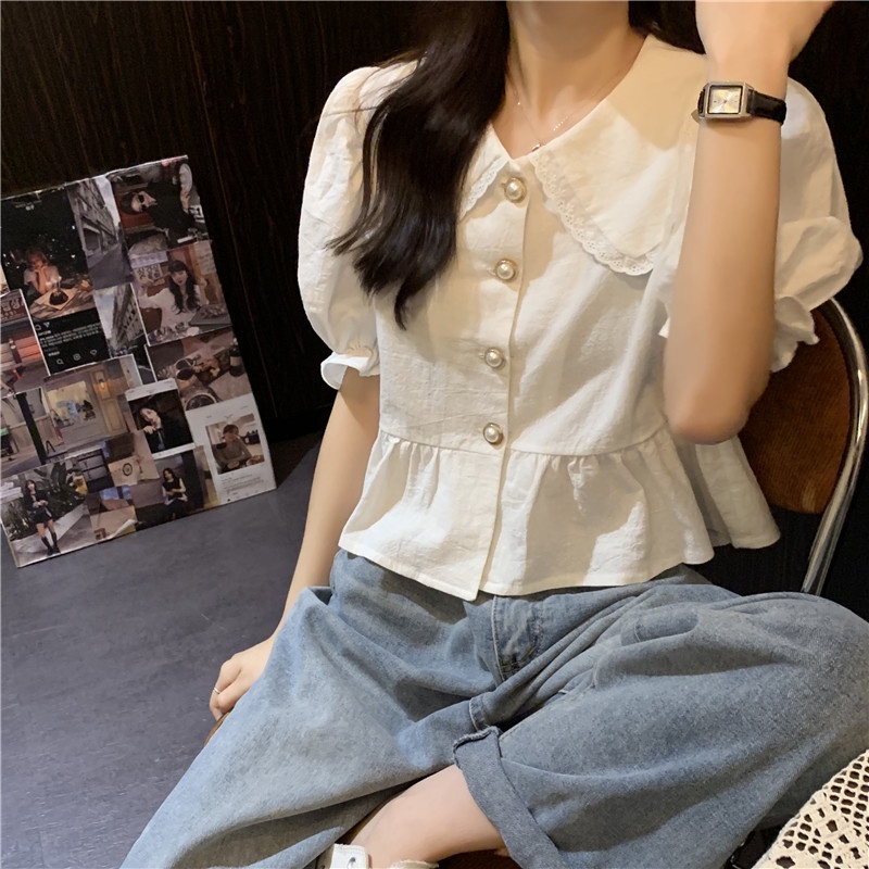 Áo Sơ Mi Tay Ngắn Phồng Cổ Búp Bê Phong Cách Pháp