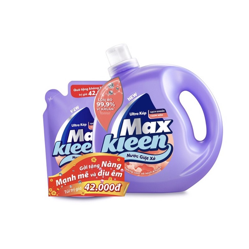 Chai nước Giặt Xả MaxKleen Hương Cam Sả Sạch Khuẩn 2,4kg + Túi 600g
