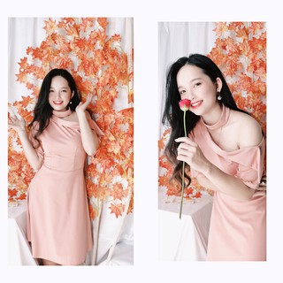 Đầm thun cotton lệch vai cổ giả