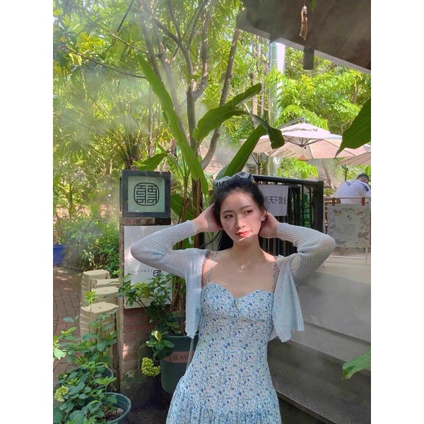 Đầm dây hoa nhí xanh Blue Blossom chất voan hai lớp