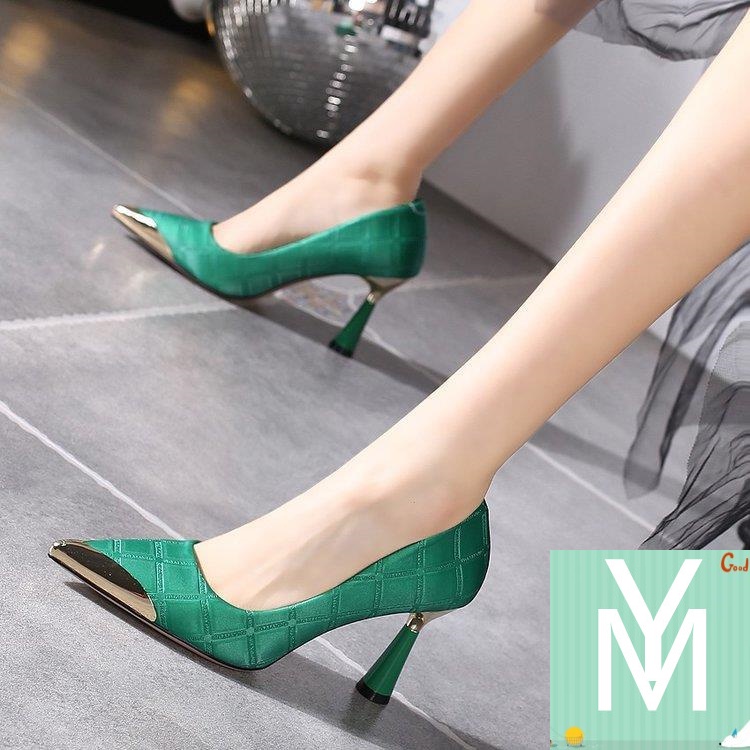 Giày Cao Gót 8cm Mũi Nhọn Kim Loại Màu Xanh Lá Phong Cách Hàn Quốc Thời Trang Mùa Thu 2022 Mới Dành Cho Bạn Nữ