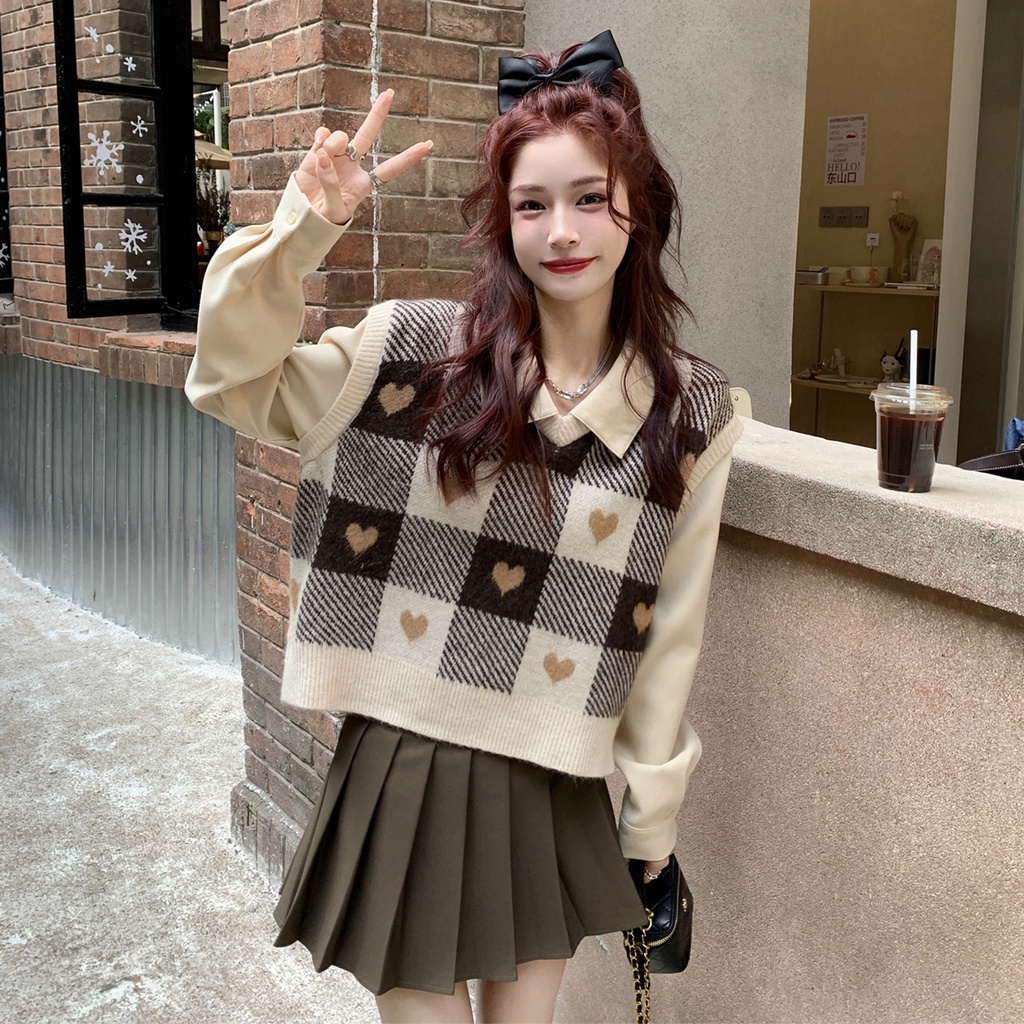 Áo sweater SUXI dệt kim sát nách dáng rộng cổ chữ V kẻ sọc thời trang mùa thu cho nữ