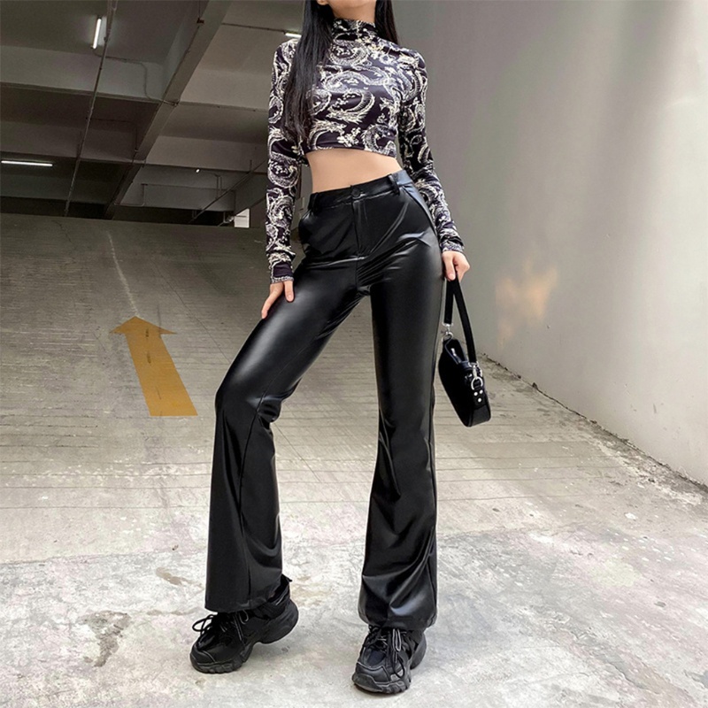 Quần da giả lưng cao ống loe phối túi phong cách Harajuku cho nữ
