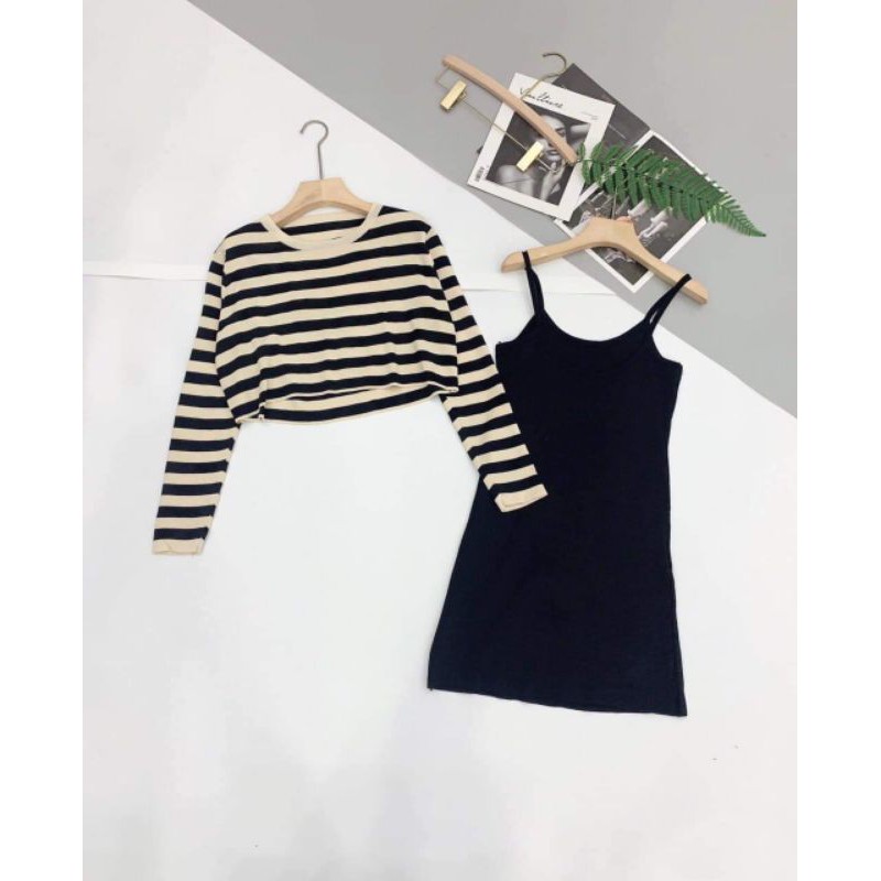 Set áo kẻ croptop dài tay mix váy 2s body BCi