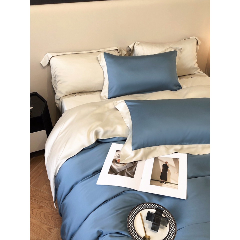 Bộ chăn ga gối trơn cao cấp 100%Tencel 120s phối 2 màu chăn viền siêu xịn mịn, mát lạnh 6 màu tùy chọn