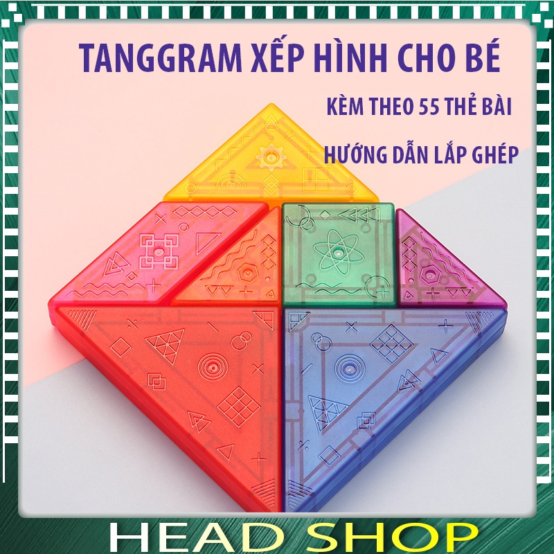 TANGRAM XẾP HÌNH CHO BÉ CÓ KÈM 55 THẺ BÀI HƯỚNG DẪN, ĐỒ CHƠI 7 MIẾNG XẾP TANGRAM ĐƯỢC NHIỀU HÌNH HEADSHOP