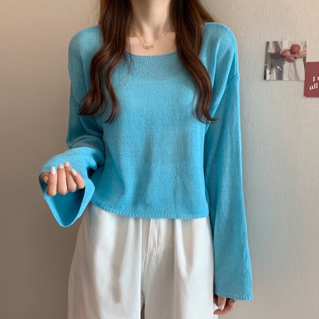 SUXI Áo Dệt Kim Tay Dài Dáng Rộng Màu Sắc Đơn Giản Dễ Phối Đồ Dành Cho Nữ
