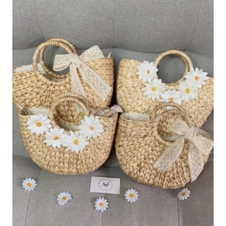Túi cói bán nguyệt hoa cúc, túi du lịch, túi đi biển nữ thời trang phong cách vintage