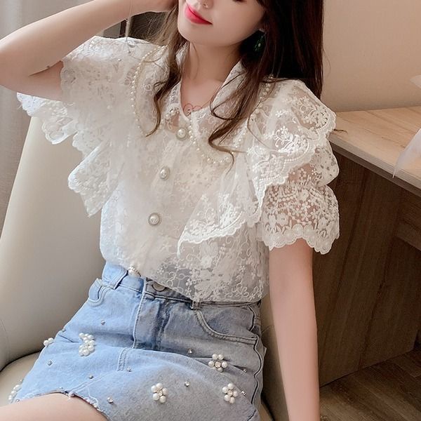 Áo Sơ Mi Tay Ngắn Cổ Búp Bê Phối Ren Phong Cách Hàn Quốc Thời Trang Mùa Hè Mới Cho Nữ