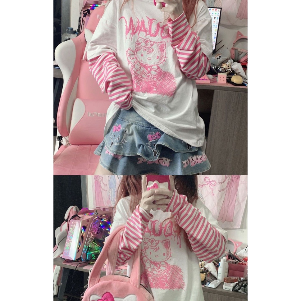 Áo Thun Tay Dài Giả Hai Lớp Dáng Rộng Mềm Mại In Hình Hello Kitty Thời Trang Nhật Bản 2022 Dành Cho Bạn Nữ Y2k