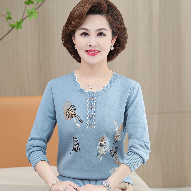 Trang phục nữ trung niên và cao tuổi trang phục mùa thu áo dệt kim dài tay cỡ lớn trang phục cho mẹ áo len cổ tròn đáy á