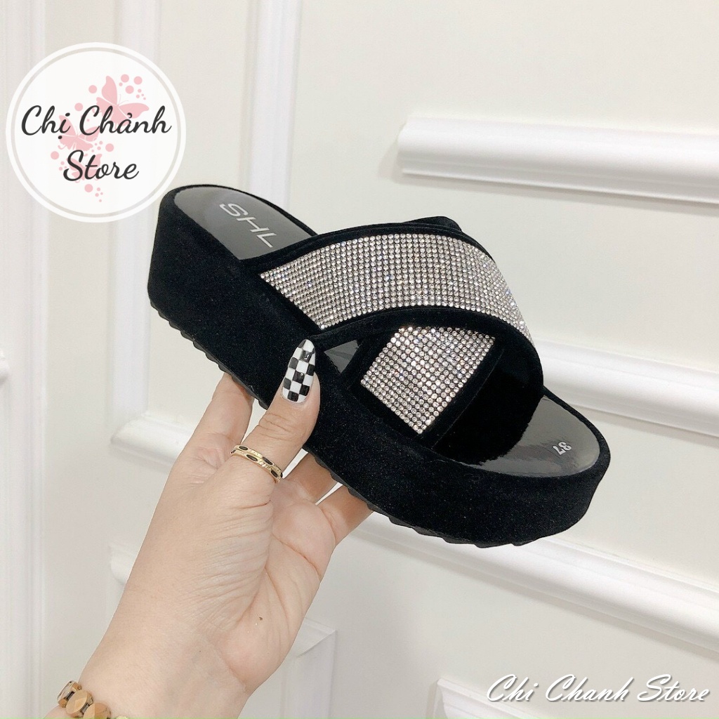 Dép Đế Xuồng Nhung 5p Bản Chéo Xoàn Đá Cực Sang Đế Nhẹ Đi Êm Đủ Màu Dép Đế Cao Chị Chảnh Store