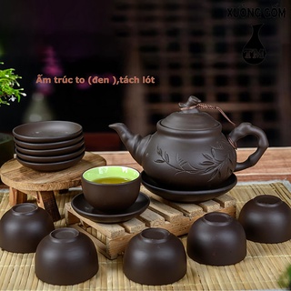Bộ ấm chén pha uống trà tử sa Xưởng Gốm TM Bát Tràng Vẽ trúc đen tách lót 400ml