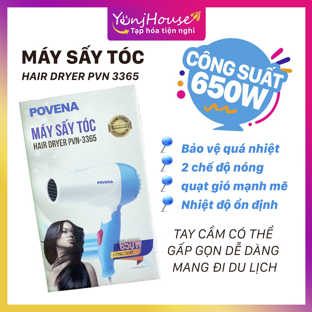 Máy sấy tóc Povena PVN-3365 quạt gió mạnh mẽ 2 chế độ nhiệt linh hoạt, Máy sấy tóc mini, Máy sấy tóc gập gọn - Yenjhouse