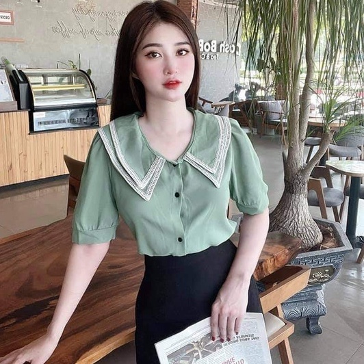 ÁO SƠ MI NGẮN TAY CHẤT ĐŨI MỀM MỊN MÀU XANH TÔN DA THIẾT KẾ CỔ 2 LỚP  CÓ VIỀN REN CỰC XINH DEMI AM16