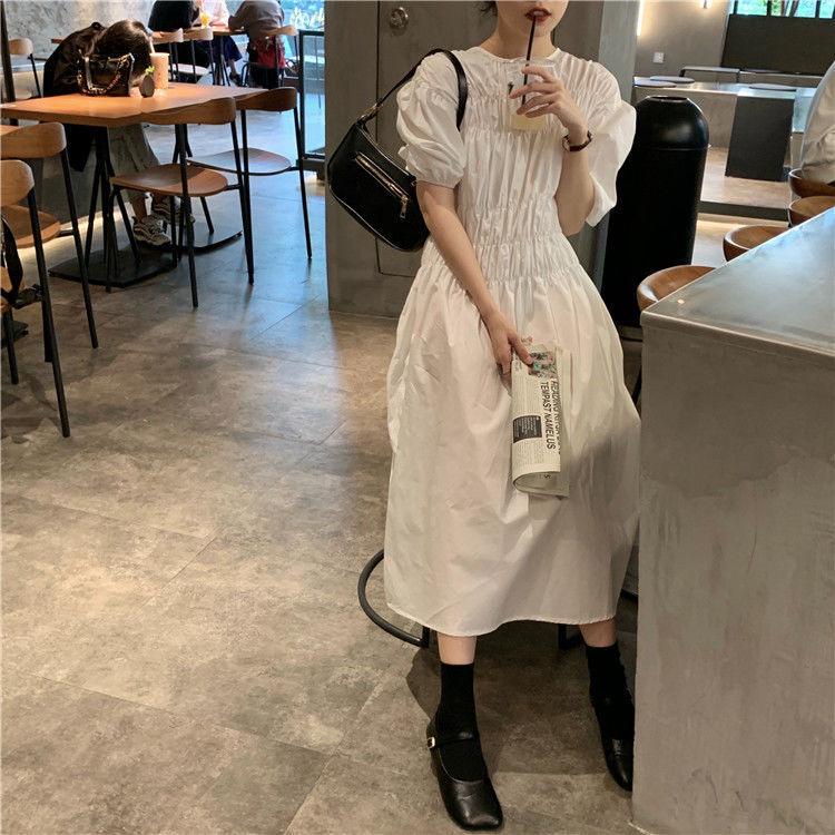 Đầm tay ngắn cổ tròn dáng ôm màu sắc đơn giản trẻ trung phong cách nhật bản