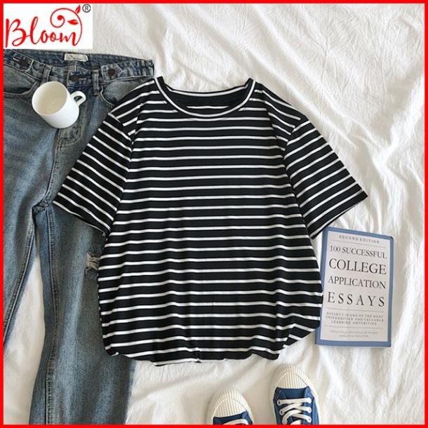 Áo thun nữ kẻ sọc YUKIBLOOM form rộng tay lỡ unisex Hàn Quốc Áo thun kẻ sọc nữ Tặng quà ngẫu nhiên AK10 Xịn