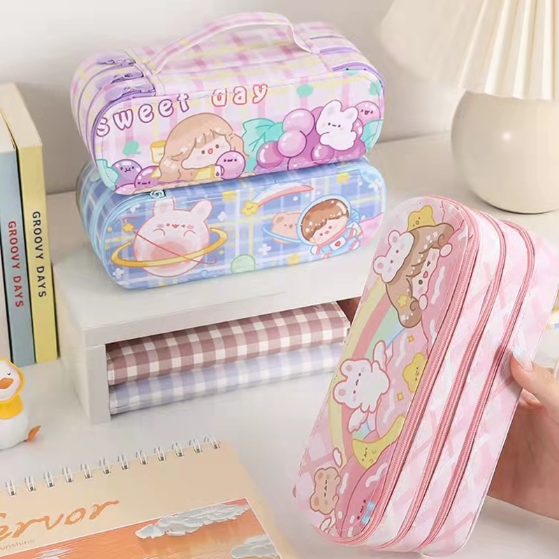 Túi Đựng Bút 3 Ngăn Sức Chứa Lớn Thiết Kế Hở Hai Mặt Dành Cho Học Sinh