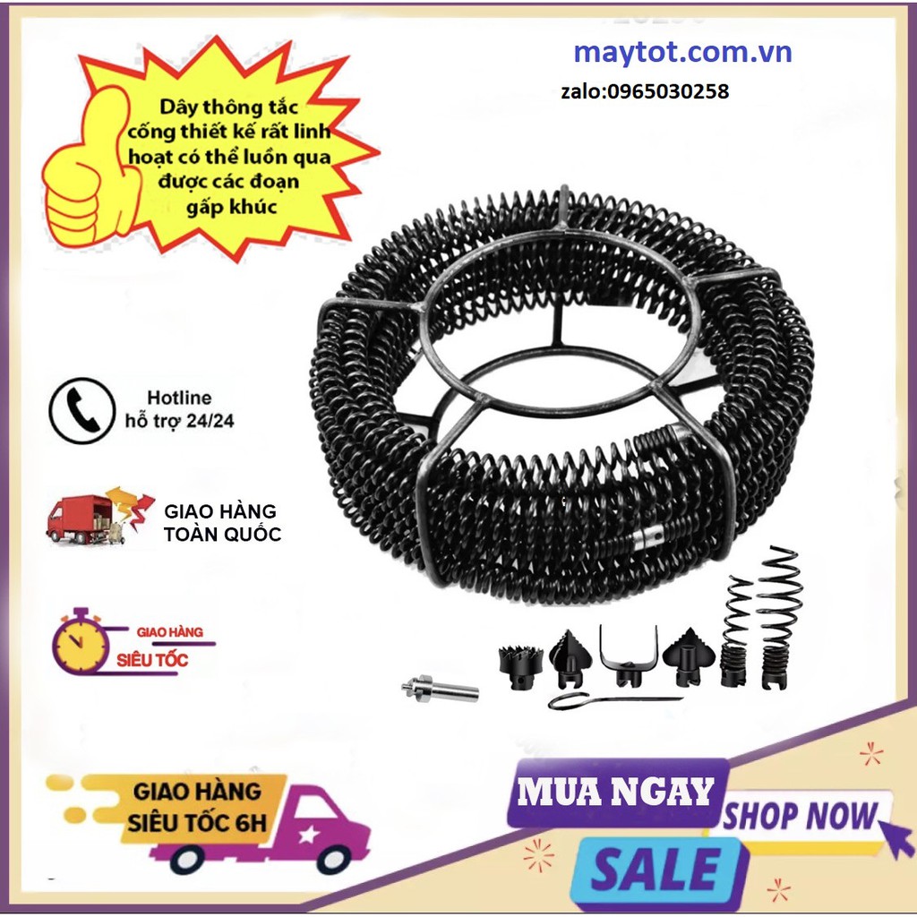 dây thông tắc cống phi 16 dài 15m(gồm 6 bộ đầu thông và 1 đầu kết nối máy khoan)