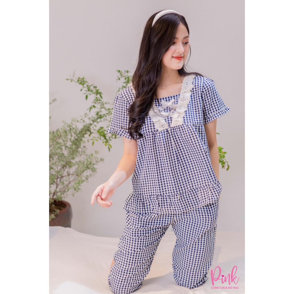 Đồ Bộ Pijama Nữ Họa Tiết Caro Xanh Tay Ngắn Quần Lửng Vải Kate Thoải Mái Thấm Hút Mồ Hôi Phong Cách Trẻ Trung Nữ Tính