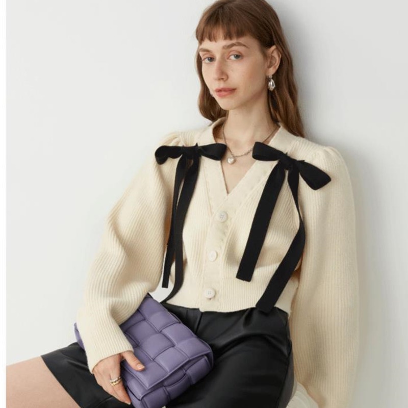 Áo khoác dệt kim Pure Cube phối nơ xinh xắn cho nữ