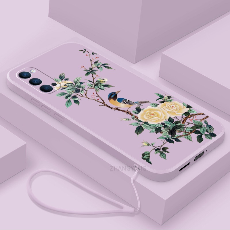 Ốp Điện Thoại TPU Mềm Họa Tiết Hoa Và Chim Có Dây Đeo Cho oppo reno 4 reno 5