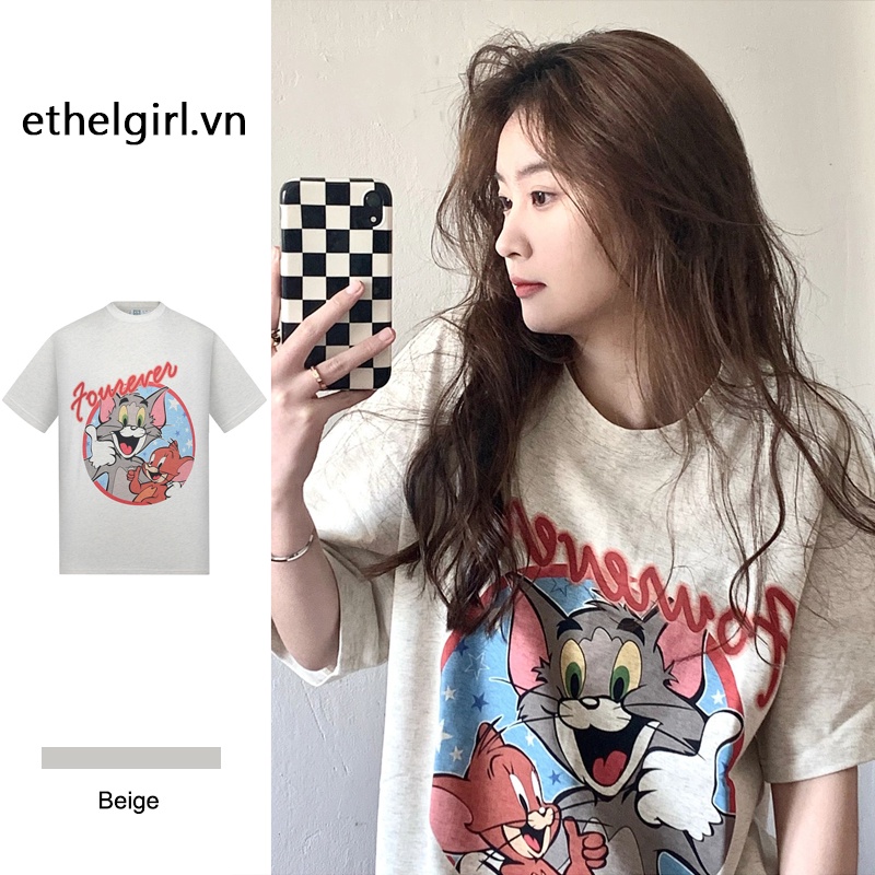 Áo Thun Ngắn Tay Cổ Tròn Dáng Rộng In Họa Tiết Hoạt Hình Kiểu retro Mỹ Cho Nữ