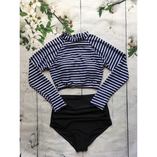 Bikini tay dài sọc trắng đen