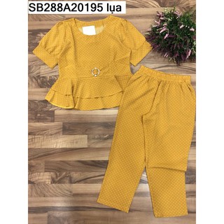 [Sẵn] Set bộ mặc nhà quần 9 tấc phối áo tay ngắn chấm bi đính khoen eo [Hàng shop]