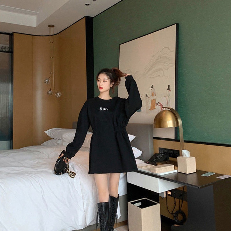Đầm IELGY bằng nhung tay dài kiểu dáng rộng rãi phong cách Hàn Quốc đơn giản dành cho nữ