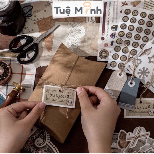 Set trọn bộ sticker vintage, tag kèm túi quà kraft và dây gai STI28 trang trí bullet journal