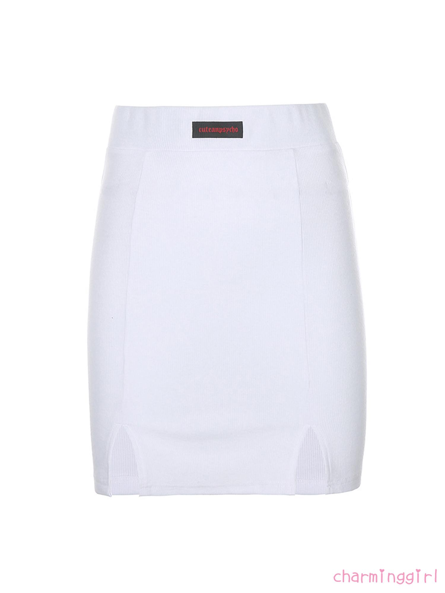 QAQ-Women Summer Miniskirt, Letters Print Ribbed High-Waist Slim Short Skirt with Slits for Girls | BigBuy360 - bigbuy360.vn